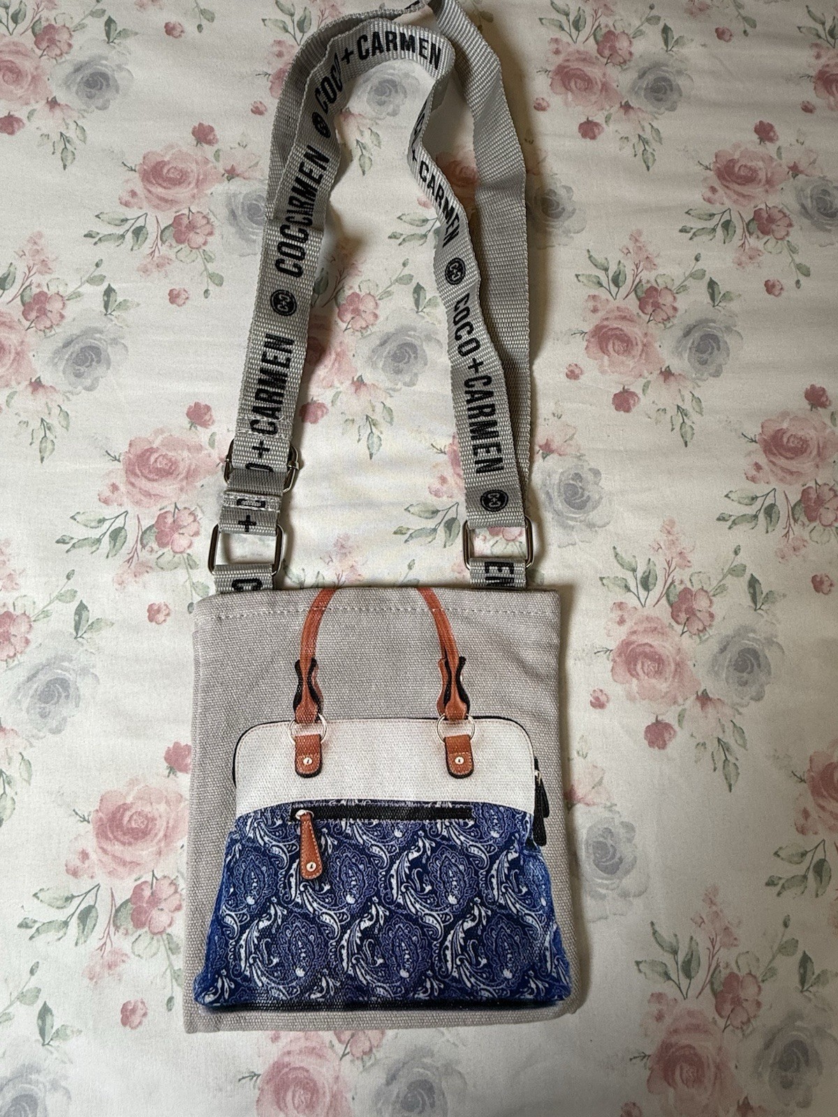 Coco+Carmen Canvas Crossbody Bag Tote Purse Blue Paisley Print 6×7”