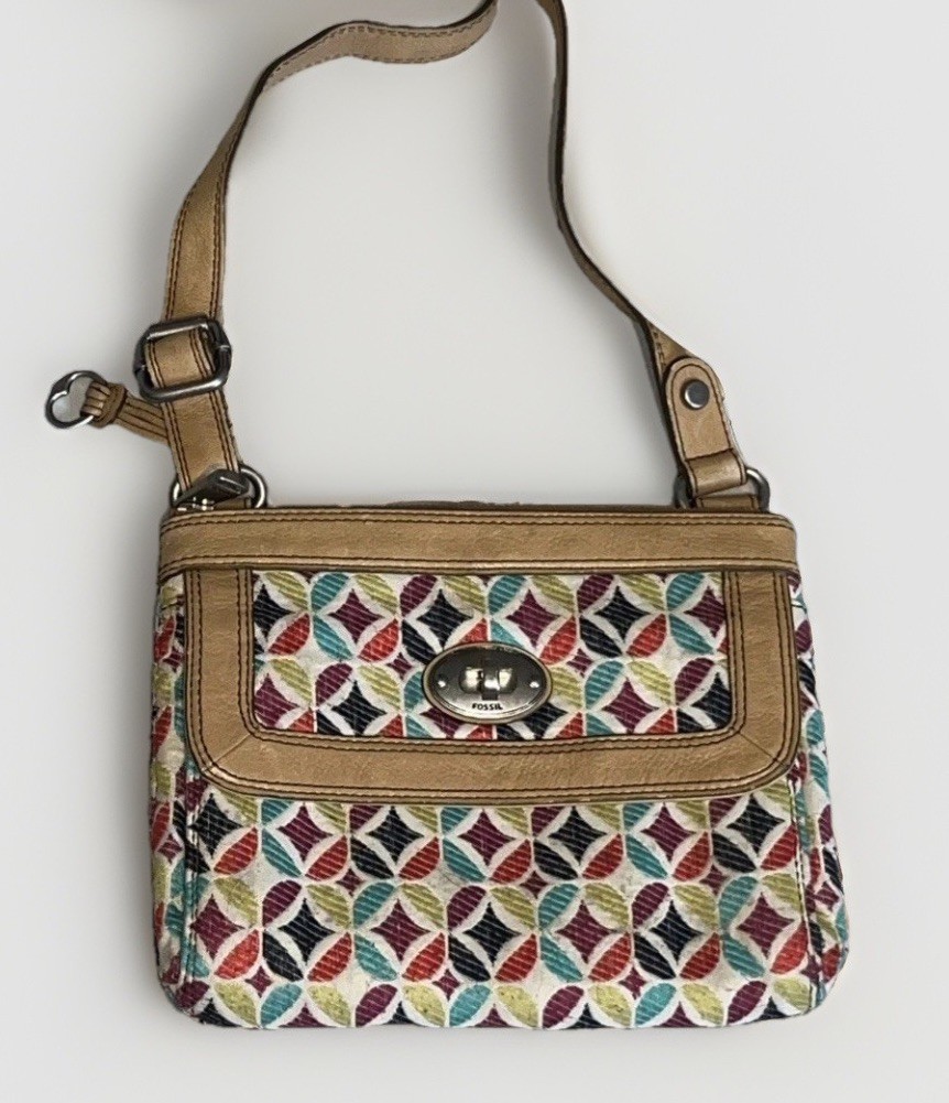 Fossil Colorful Geometric Crossbody Bag Adjustable Leather Strap Zip & Turn Lock