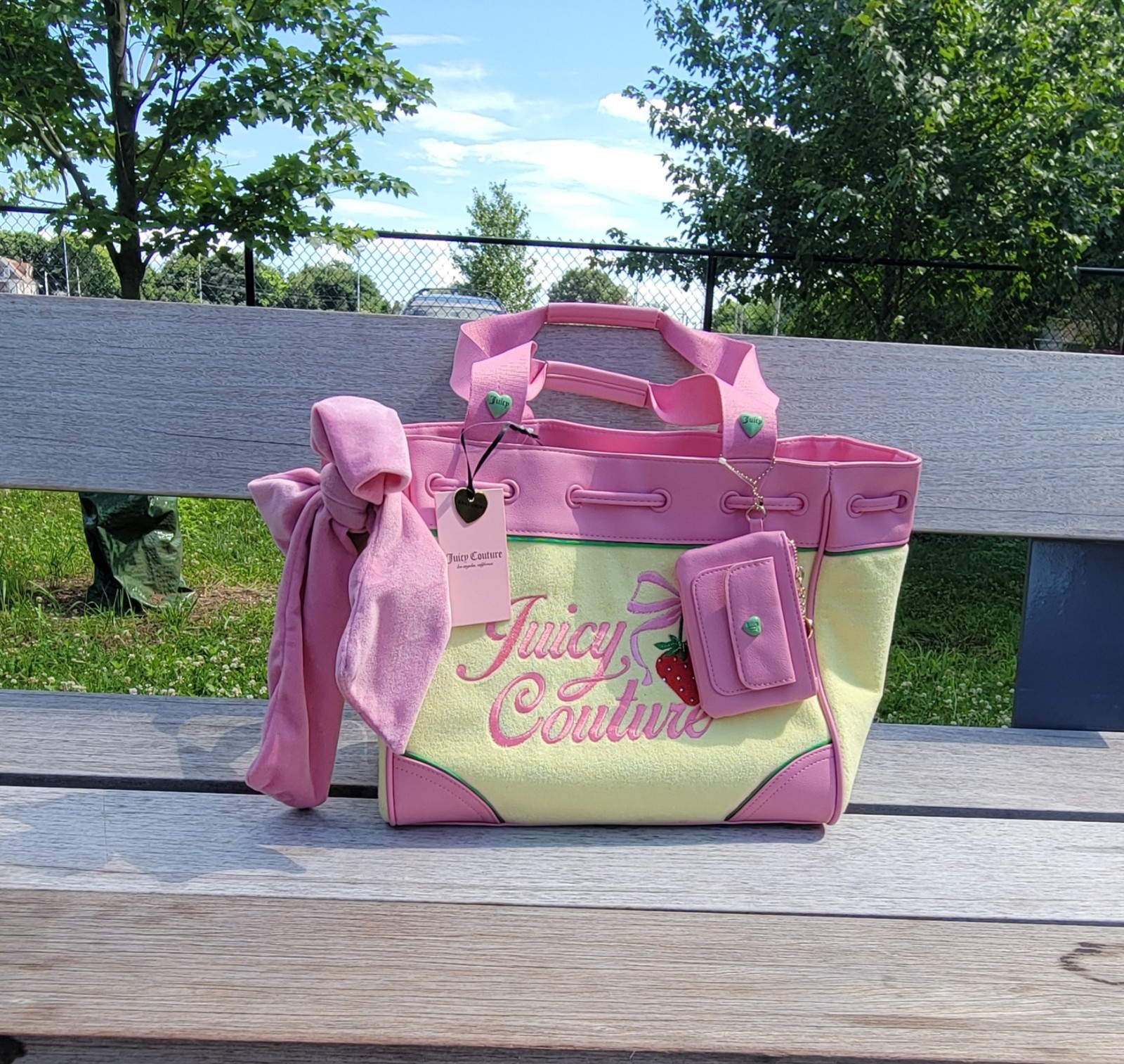 New Juicy Couture Retro Strawberry Daydreamer Yellow Pink Bows Tote Y2K Handbag