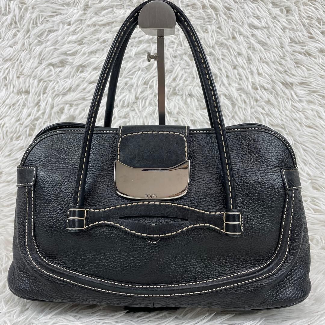 Tods D Bag Black Leather Shoulder Bag Pebbled Tote Handbag Italy Silver Hardware