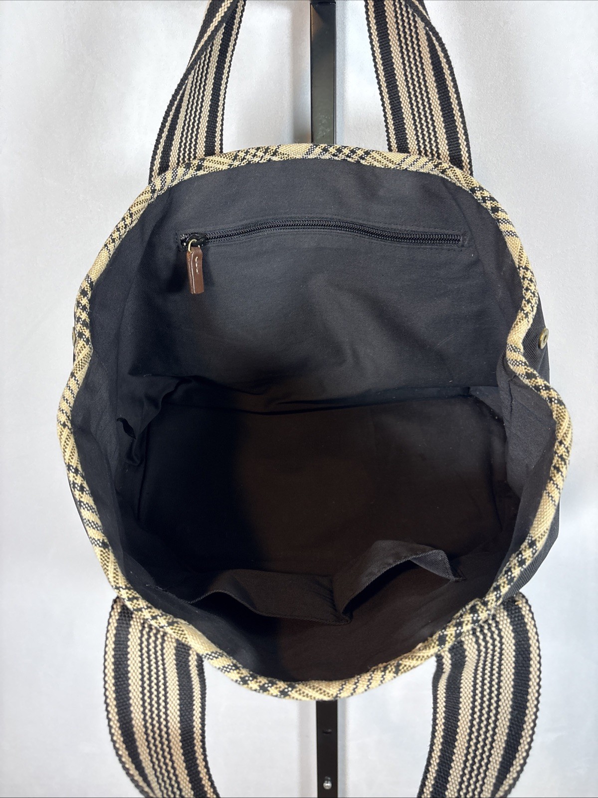 5/A Baker Canvas Tote Bag 16″ Black Plaid Trim Equestrian Horse Side Snaps