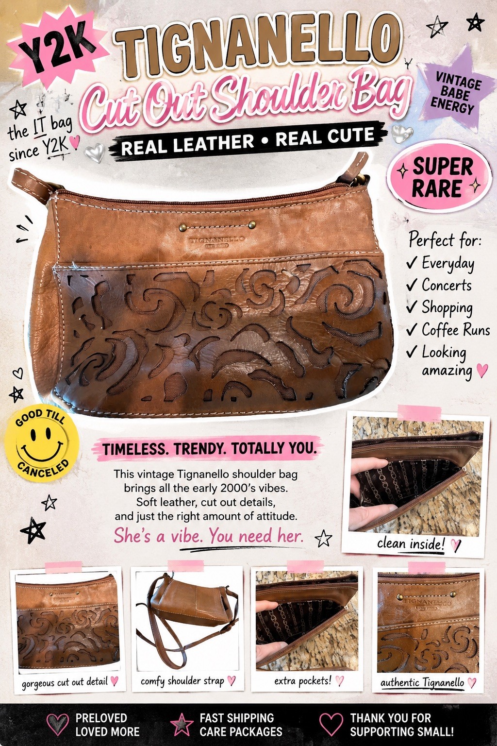 Tignanello Brown Cut Out Shoulder Bag Brass Hardware Inner Pockets Y2K