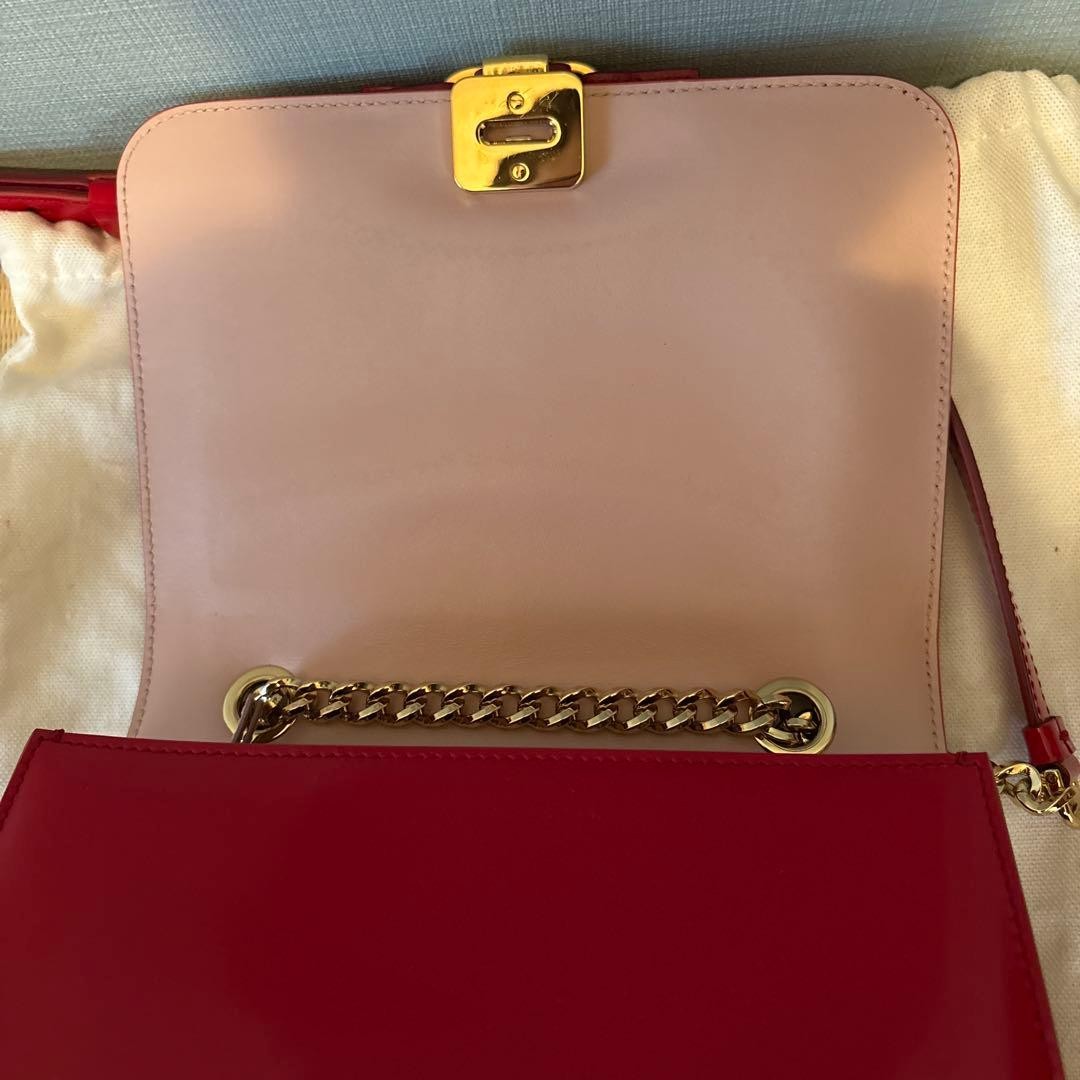 Salvatore Ferragamo Red Patent Leather Shoulder Bag Chain Bow Authentict