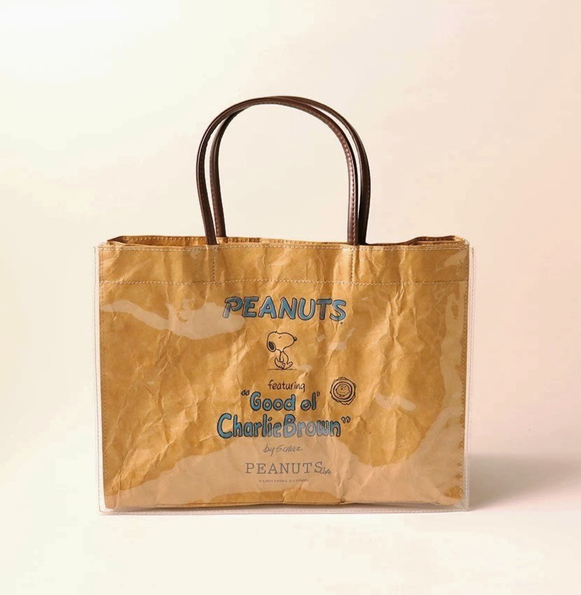 PEANUTS Cafe NGO Brown Bag Tote Crinkled Waterproof Snoopy One Mile Shopper Bag