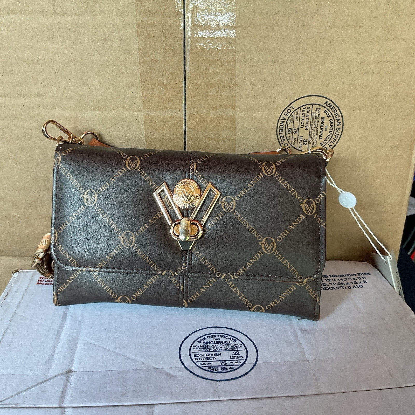 Valentino Orlandi Brown Logo Pattern Crossbody Bag Detachable Strap Latch