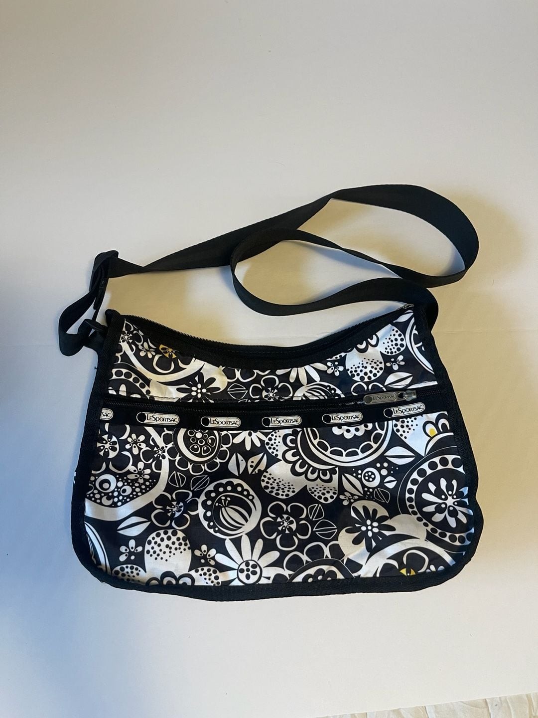 LeSportsac Classic Hobo Crossbody Bag Black White Floral Print