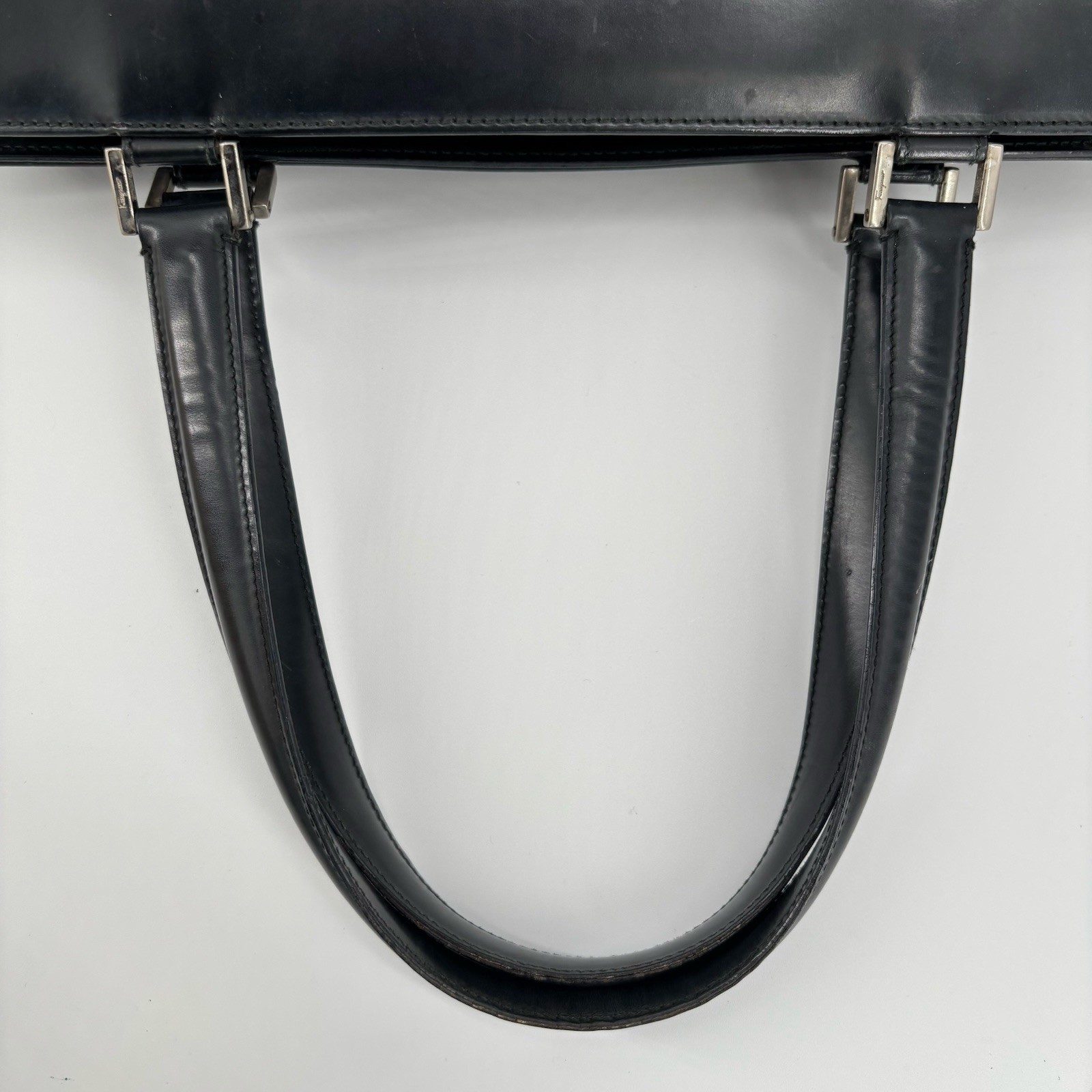 Ferragamo Gancini Black Leather Tote Handbag Silver Hardware Worn No Strap Japan