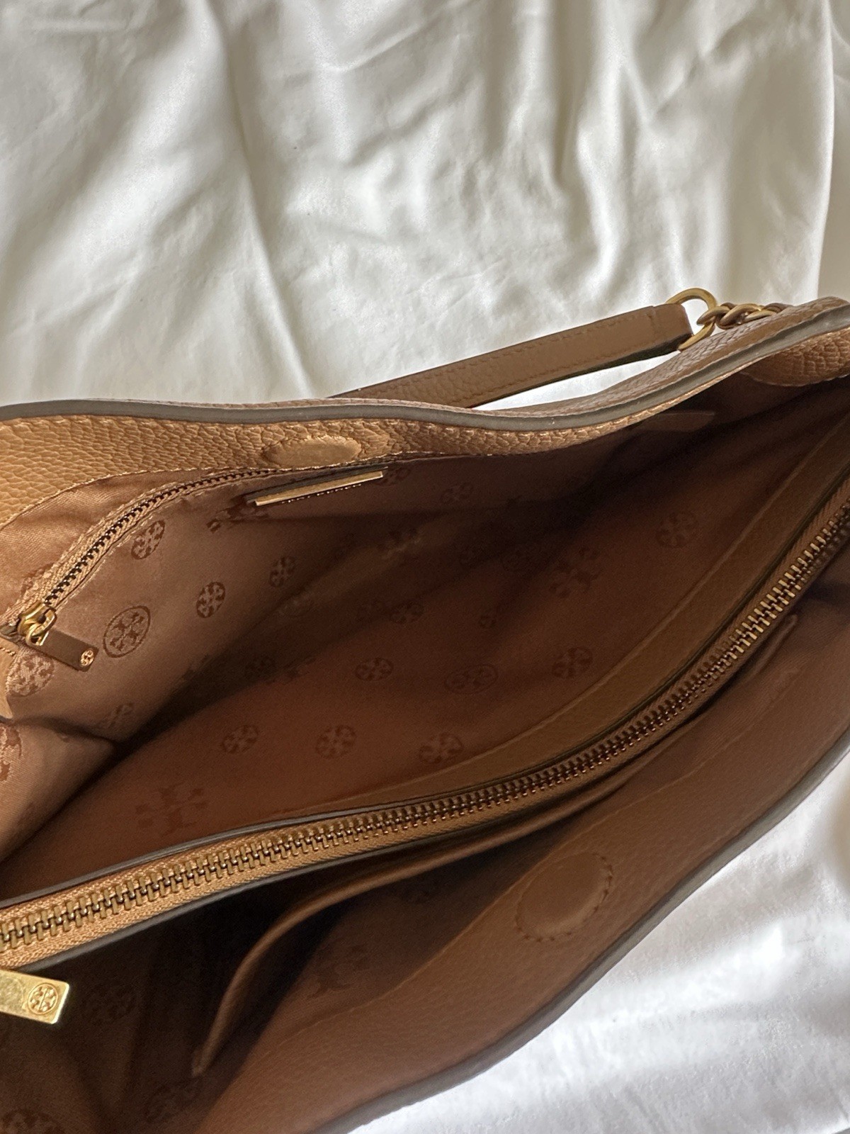 Tory Burch Large Brown Pebbled Shoulder Bag Gold Chain Zip Detachable Strap