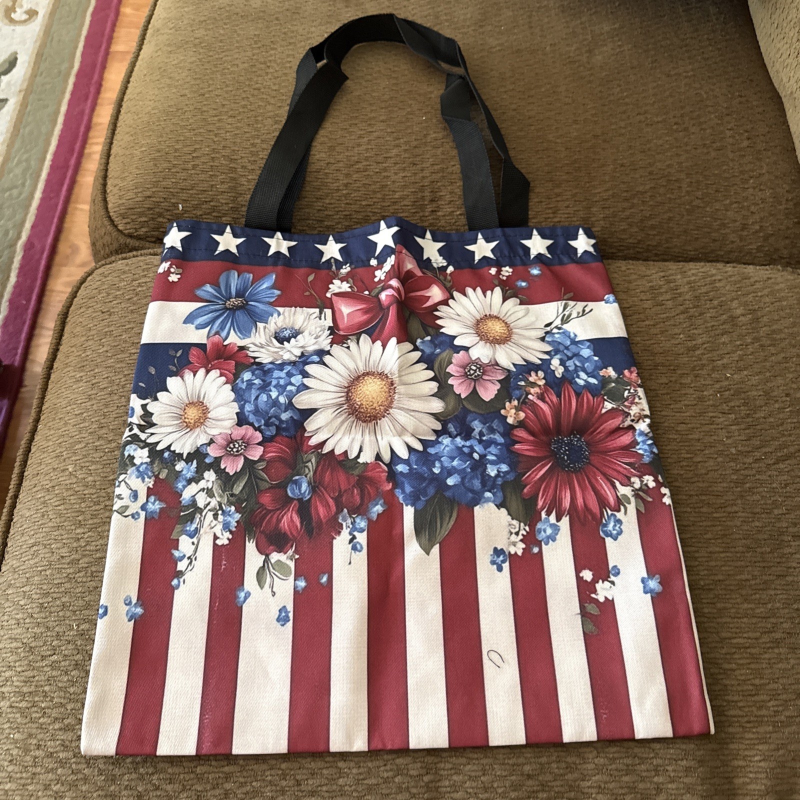 2D Flat Printing Of Red White And Blue Bouquet Pattern W/stars & Stripes Tote