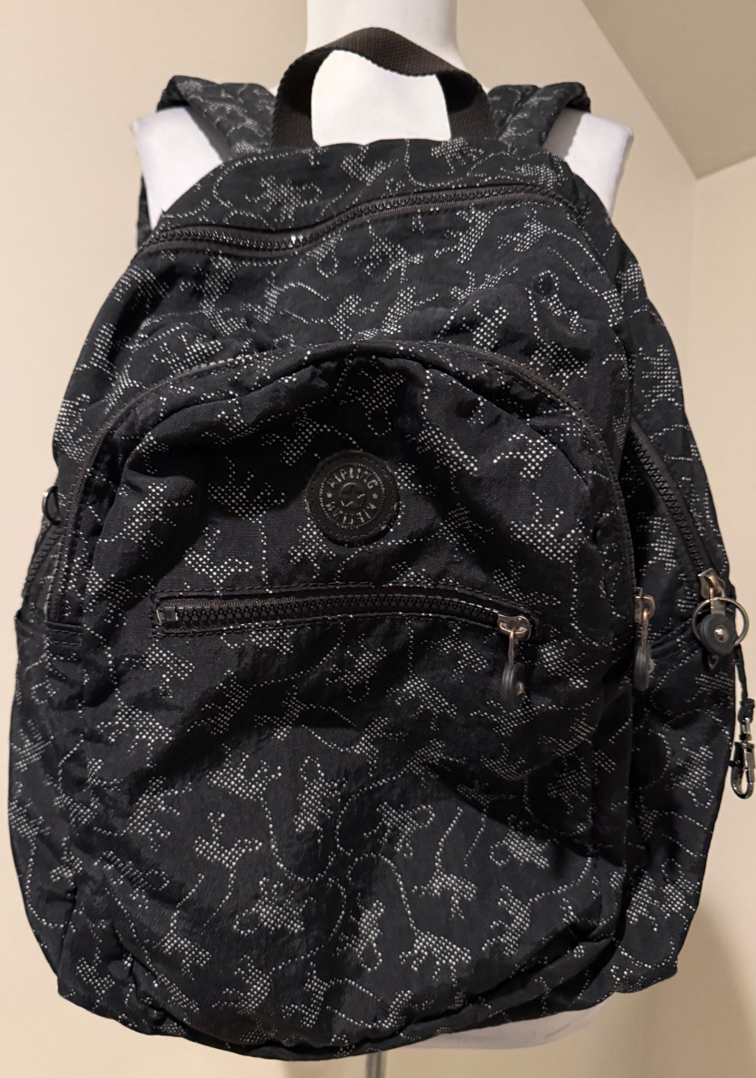 KIPLING Challenger Black & Gray Monkey Print Motif Backpack