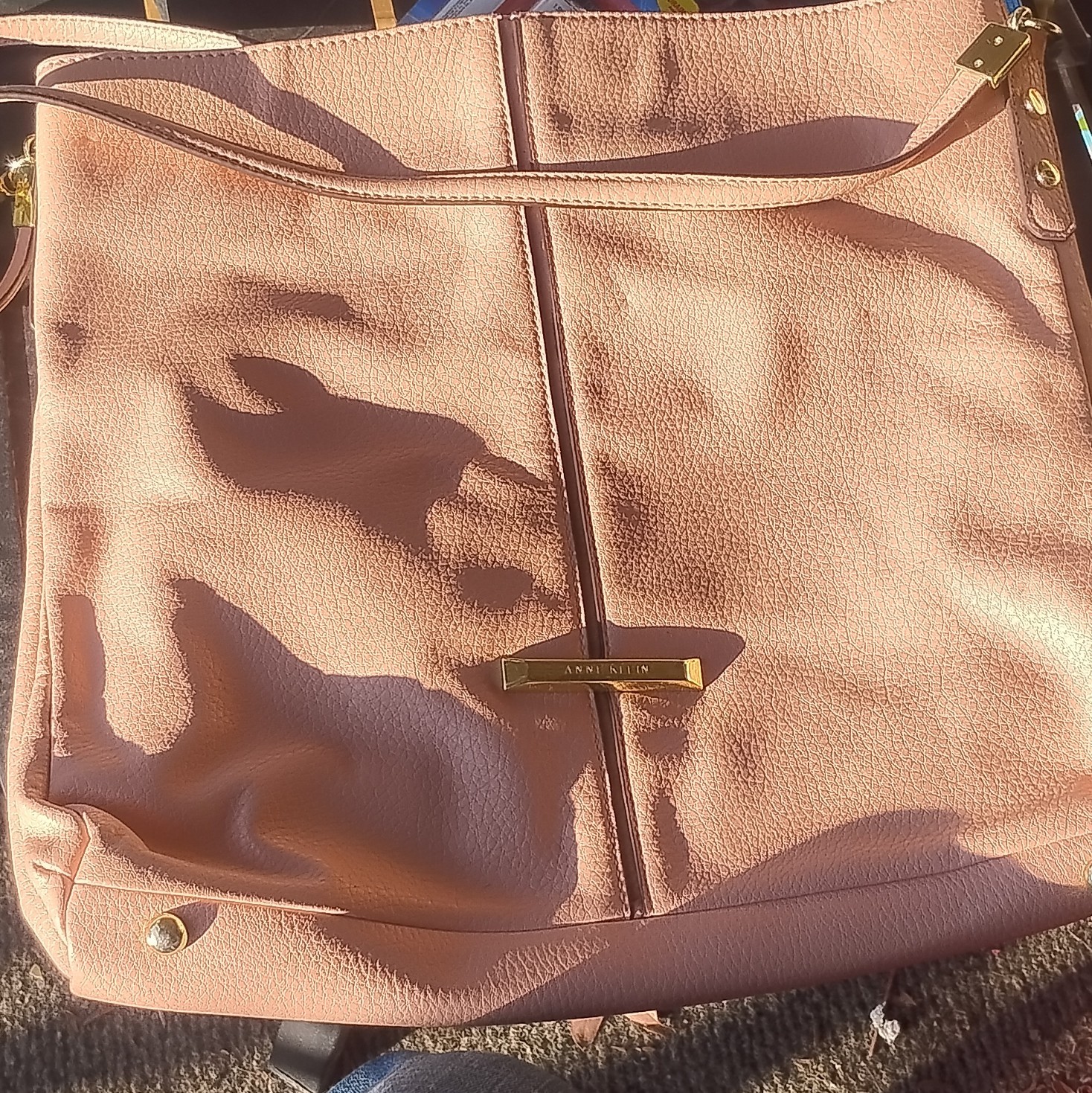 Anne Klein Pink Zip Top Shoulder Bag Gold Hardware Polka Dot Lining Pockets