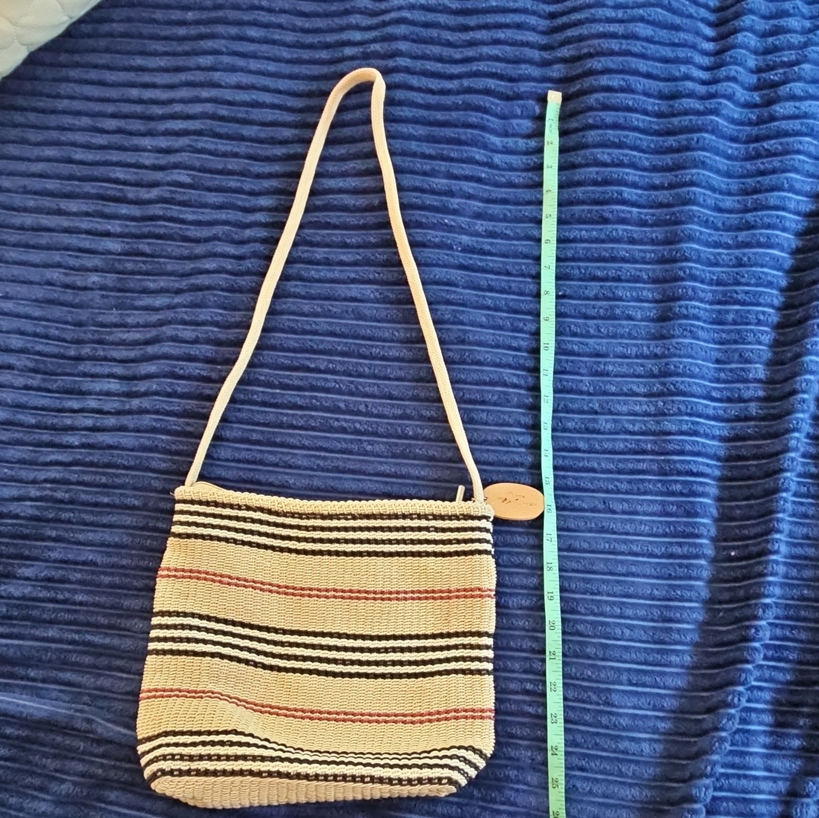 Womens Striped Shoulder Bag Beige Black Red Zip Top Lined Inner Pockets