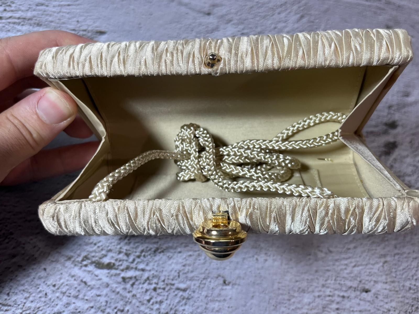 Champagne Cream Satin Ruched Pleated Box Clutch Bag Evening Purse Rope Strap