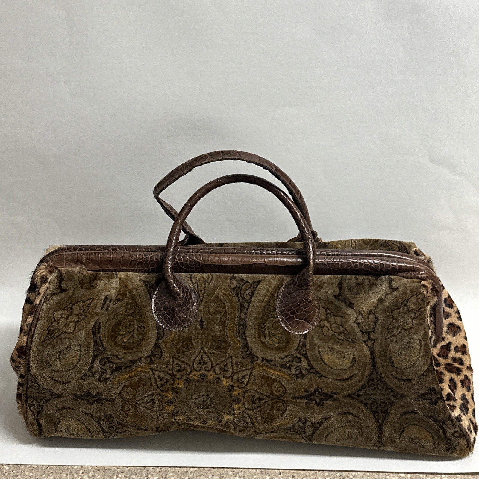Clever Carriage Company Doctors Satchel Leather Leopard Pony hair Print Bag VTG