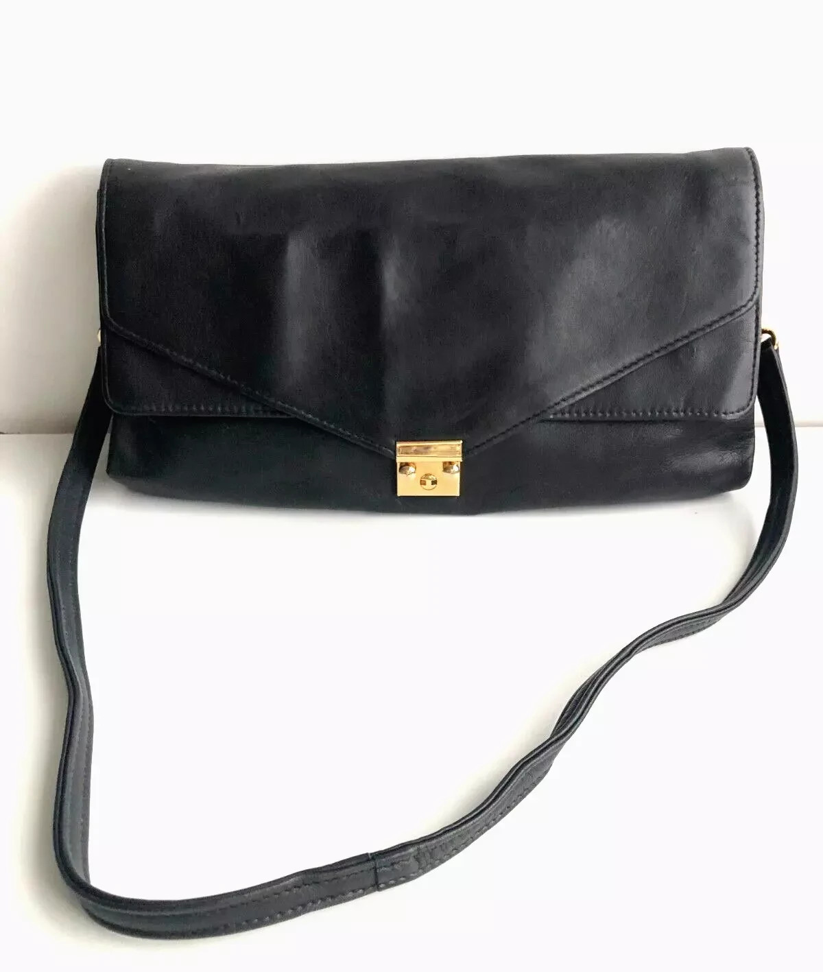 Ladies Clutch Black Calf Leather Shoulder Bag Handbag Evening Bag