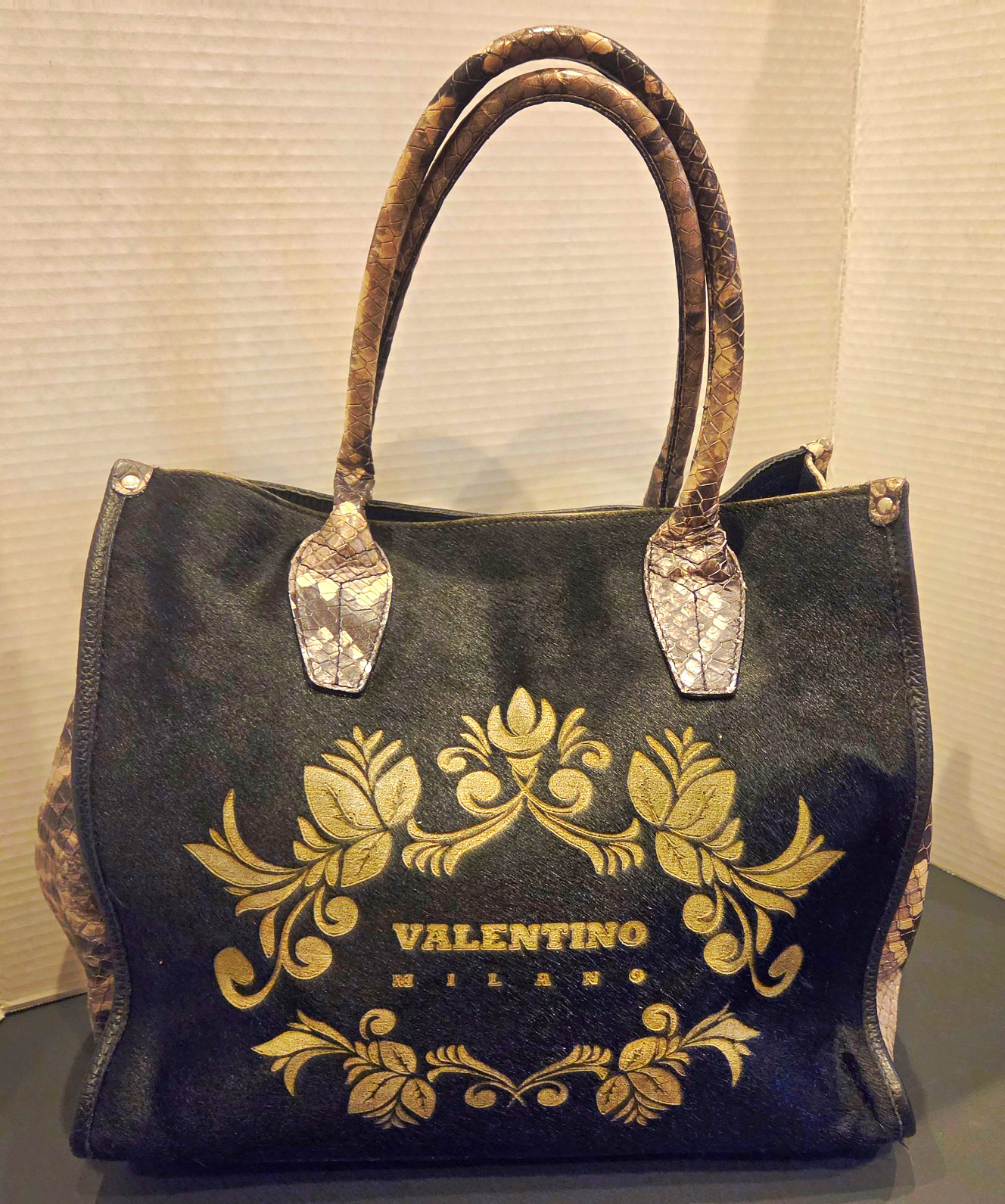 Valentino Black Tote Bag Logo Print Gray Snakeskin-Pattern Handles