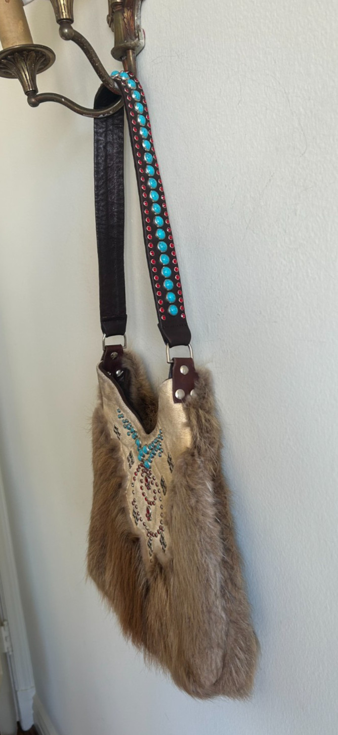 Authentic Southwestern-Style Suede and Fur Bag with Studded Turquoise Accents