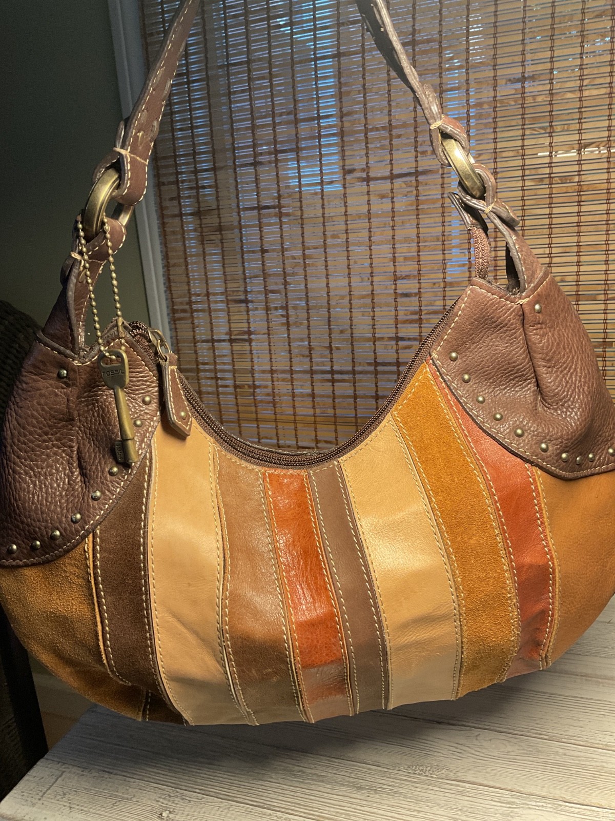 FOSSIL Vintage Multicolor Patchwork Leather Hobo Shoulder Bag Tote 14”