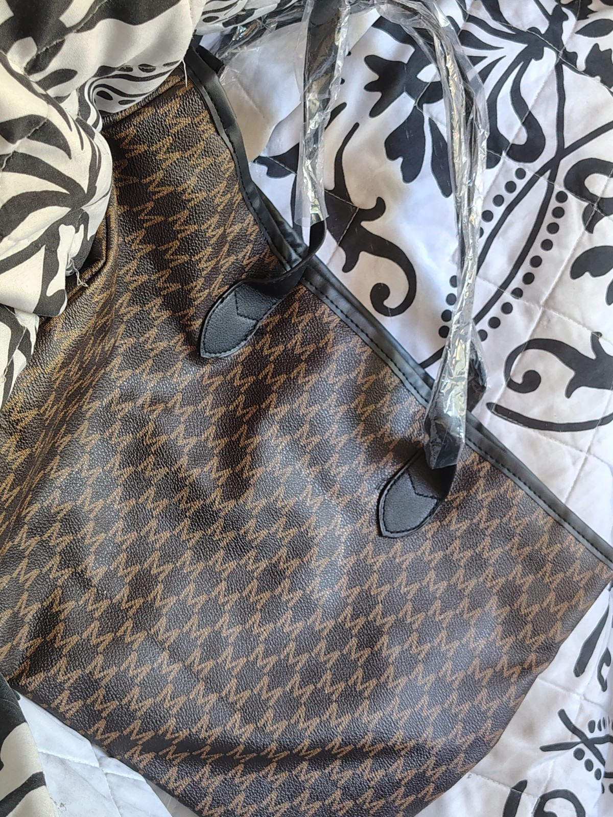 Brown & Black Houndstooth Tote Bag Large Double Handles Detachable Strap