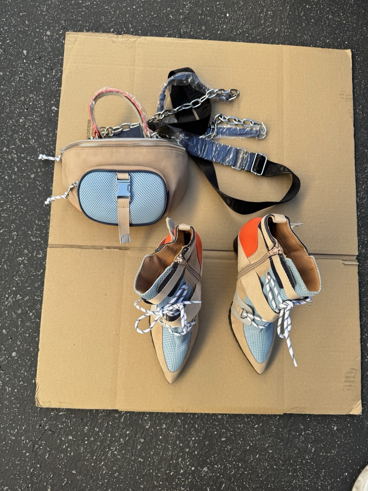 Steve Madden Illusion Boots Size 12 + Crossbody Bag Set – Beige/Blue/Orange