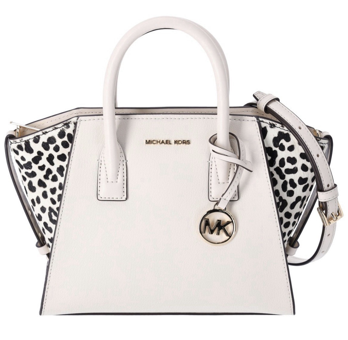 Michael Kors Small White Satchel Top Handle Zip w/ Leopard Panels, Charm