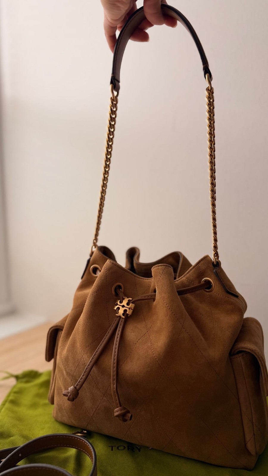 Tory Burch Charlie Quilted Drawstring Shoulder Bag Small Suede Toffee