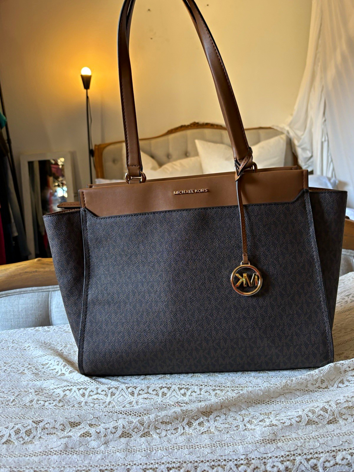 Michael Kors Brown Logo Tote Zip Gold Hardware Charm Lined Inner Pockets