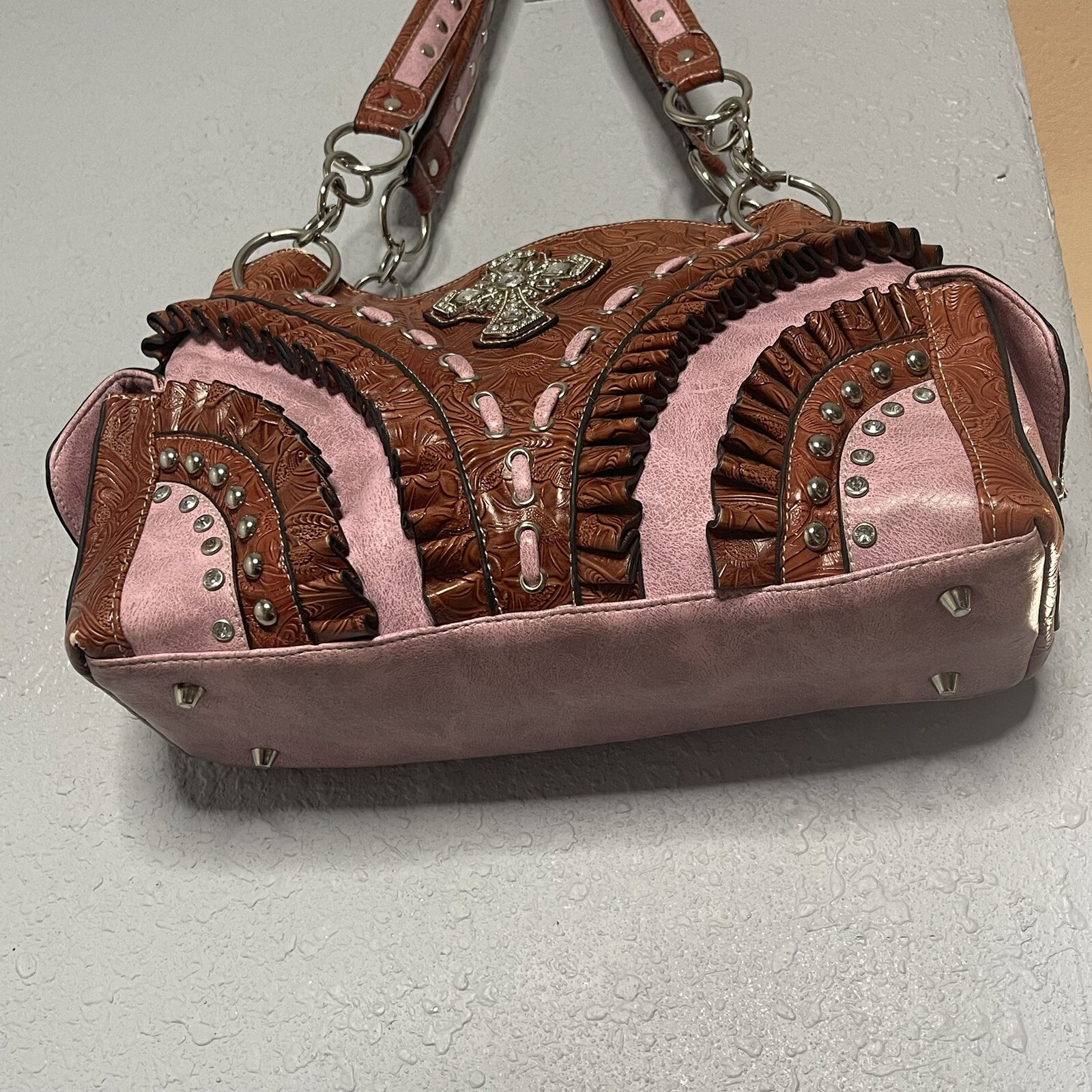 Faux Leather Pink Shoulder Purse Wallet Studded Cross Embossed Ruffle Country