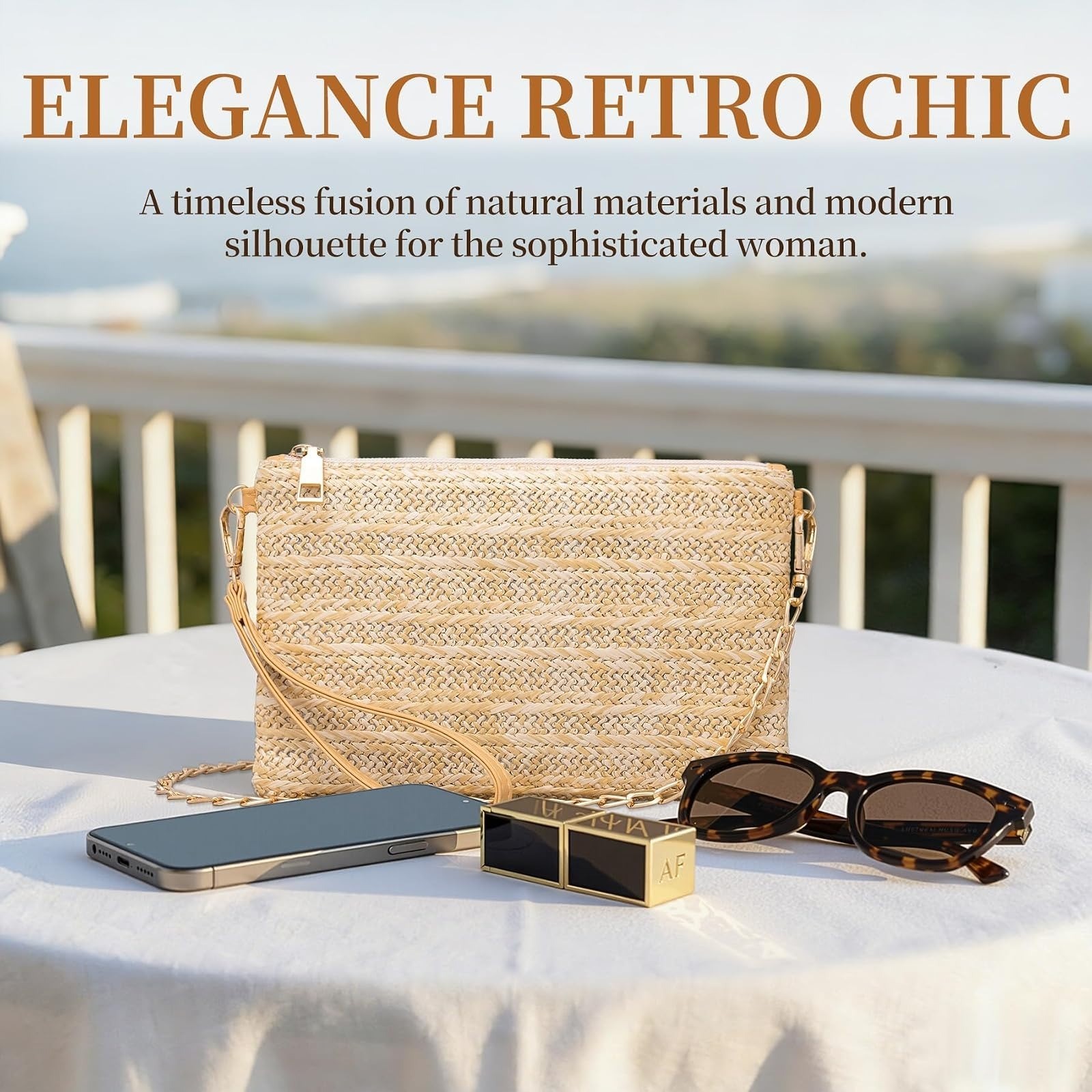 Larcenciel Straw Clutch Purse with Wrist Strap for Beach & Evening