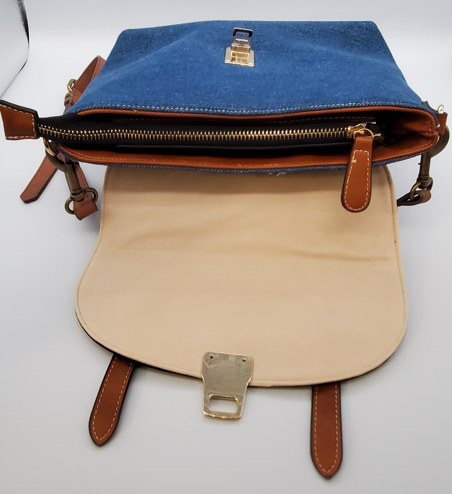 Coco + Carmen Women’s Handbag Blue And White With Brown Straps Crossbody Bag