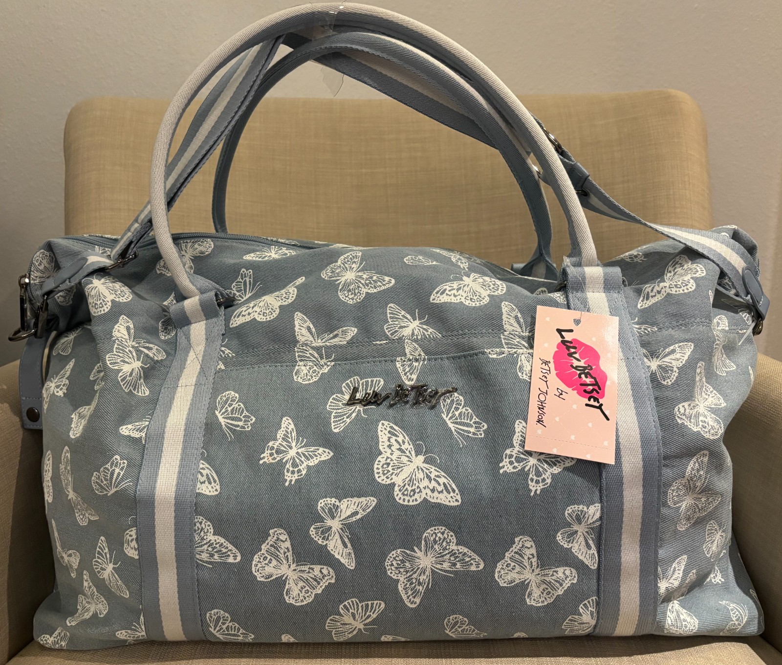 New Luv Betsey by Betsey Johnson Light Blue Travel Duffle Bag Butterfly Print