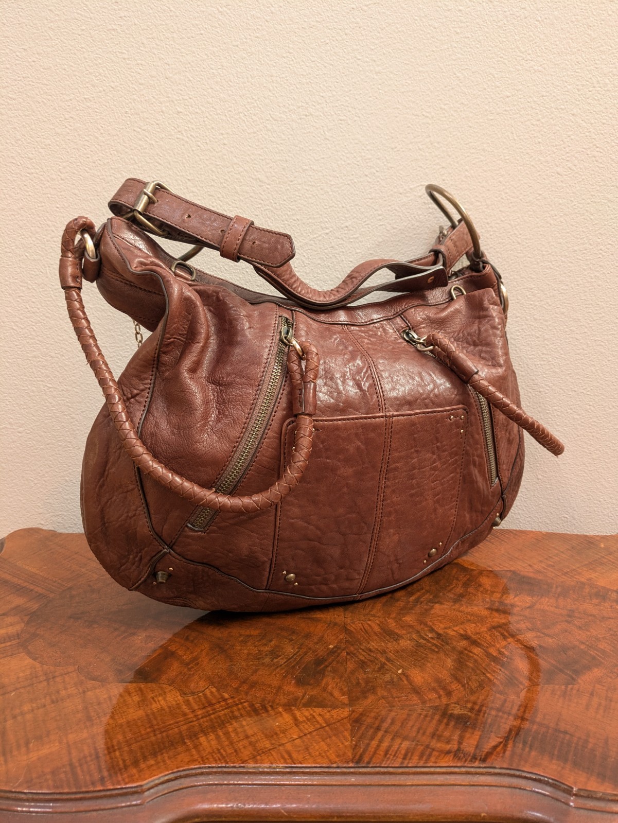 Hayden Harnett Leather Hobo Bag Whipstitch Handle Ring Hardware Boho