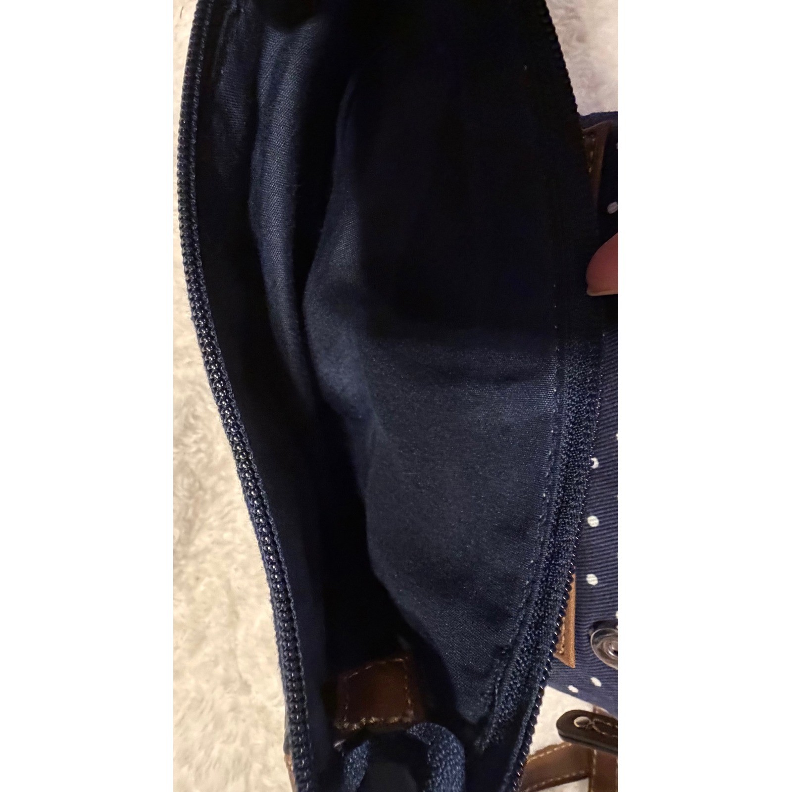 Chaps Navy Blue Polka Dot Crossbody Bag Brown Trim Canvas Small Messenger Purse
