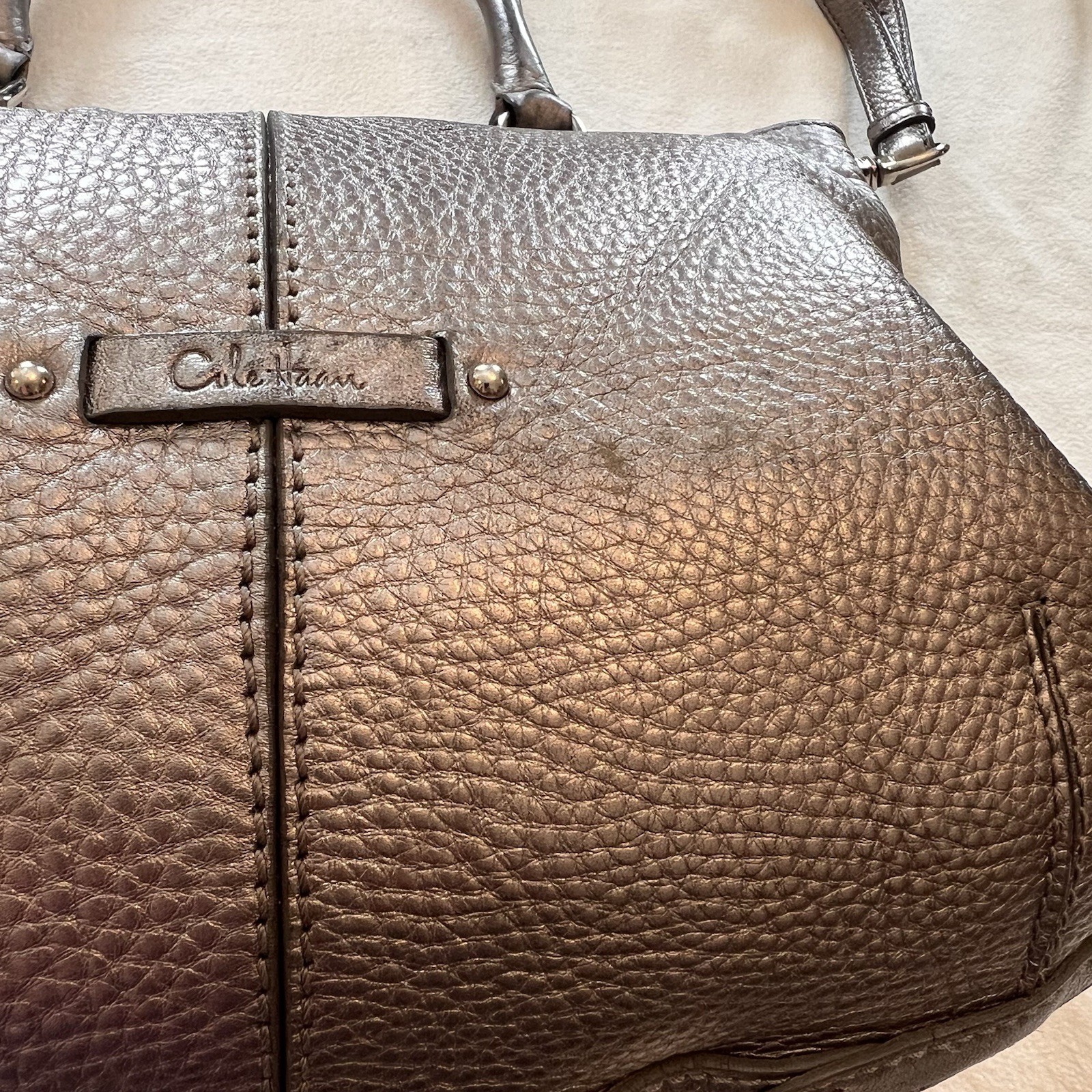 Cole Haan Platinum Silver Metallic Pewter Leather Handbag Hobo Tote Purse