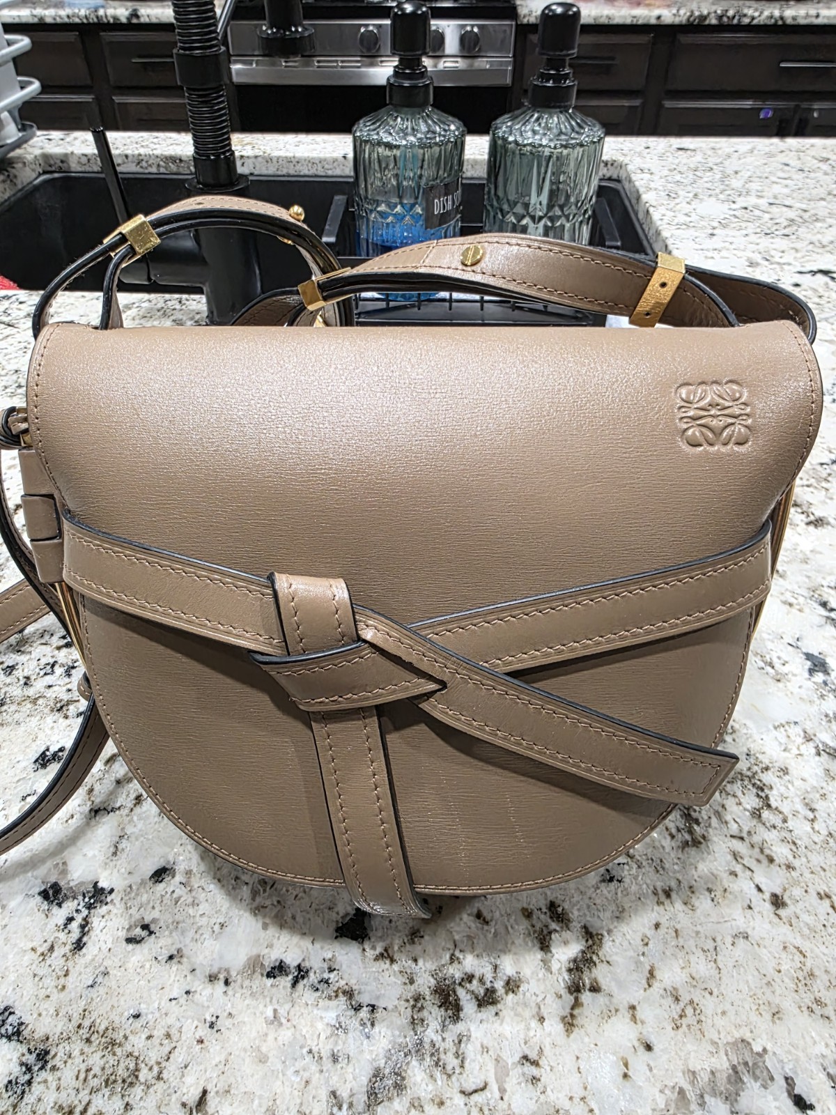Loewe Gate Small Taupe Pebbled Saddle Crossbody Bag w/ Gold Hardware