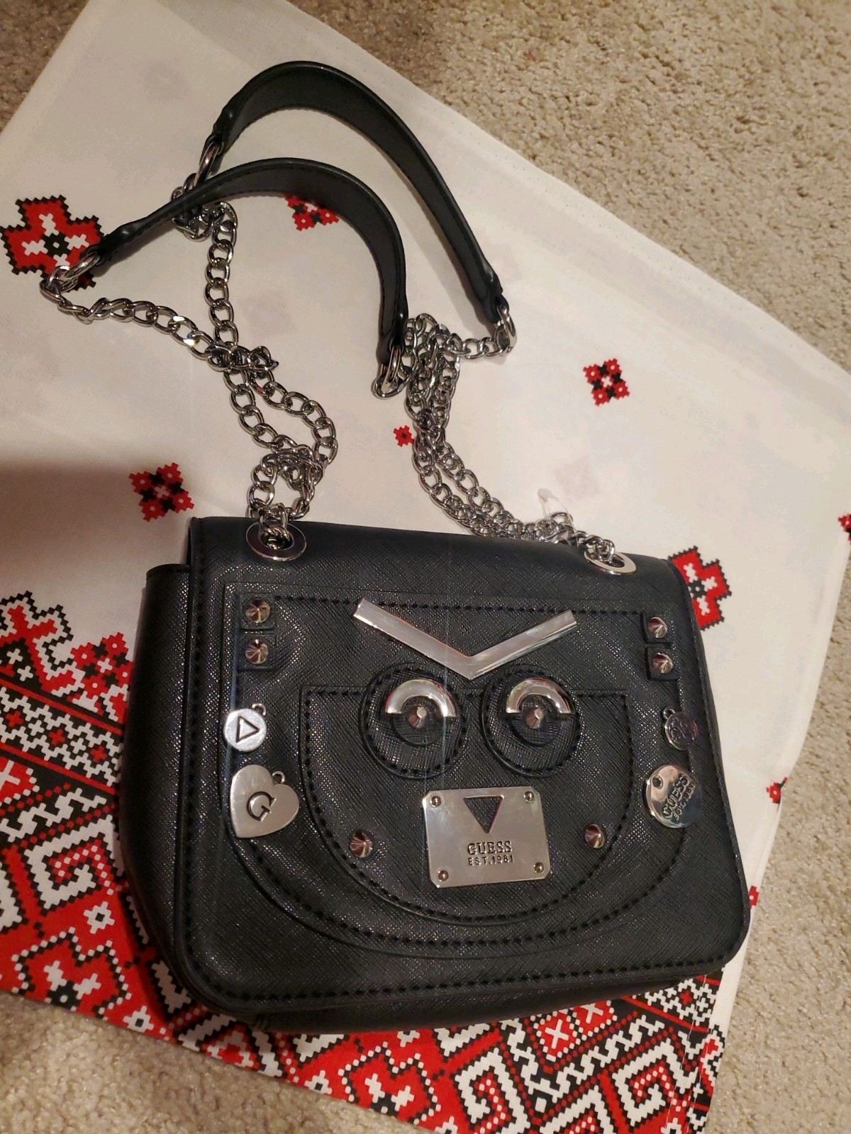 Guess Cyber Rock Black Convertible Crossbody Shoulder-Bag Silver Studded NWT
