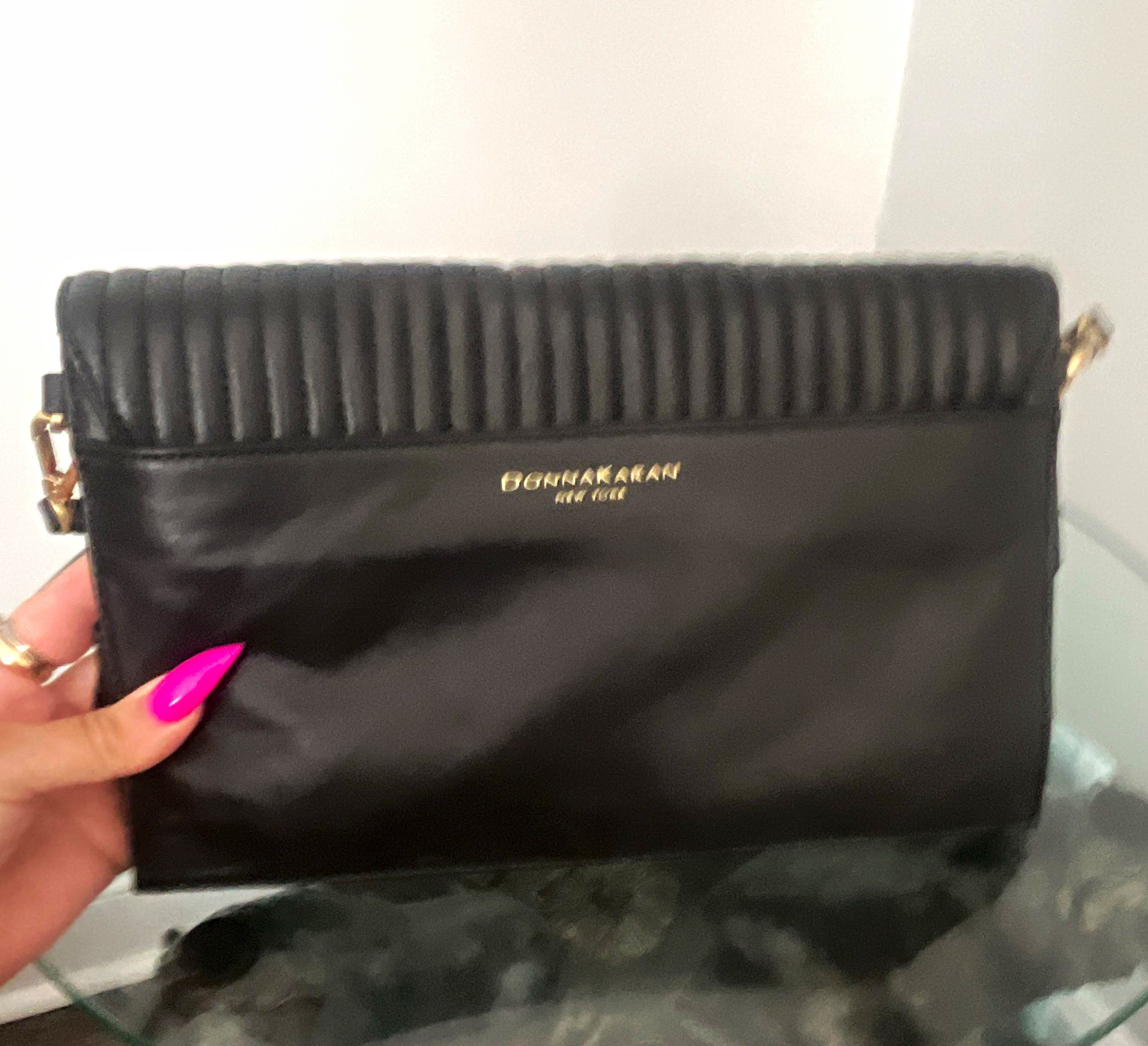 Donna Karan Black Bow Clutch Convertible Crossbody Detachable Strap Gold