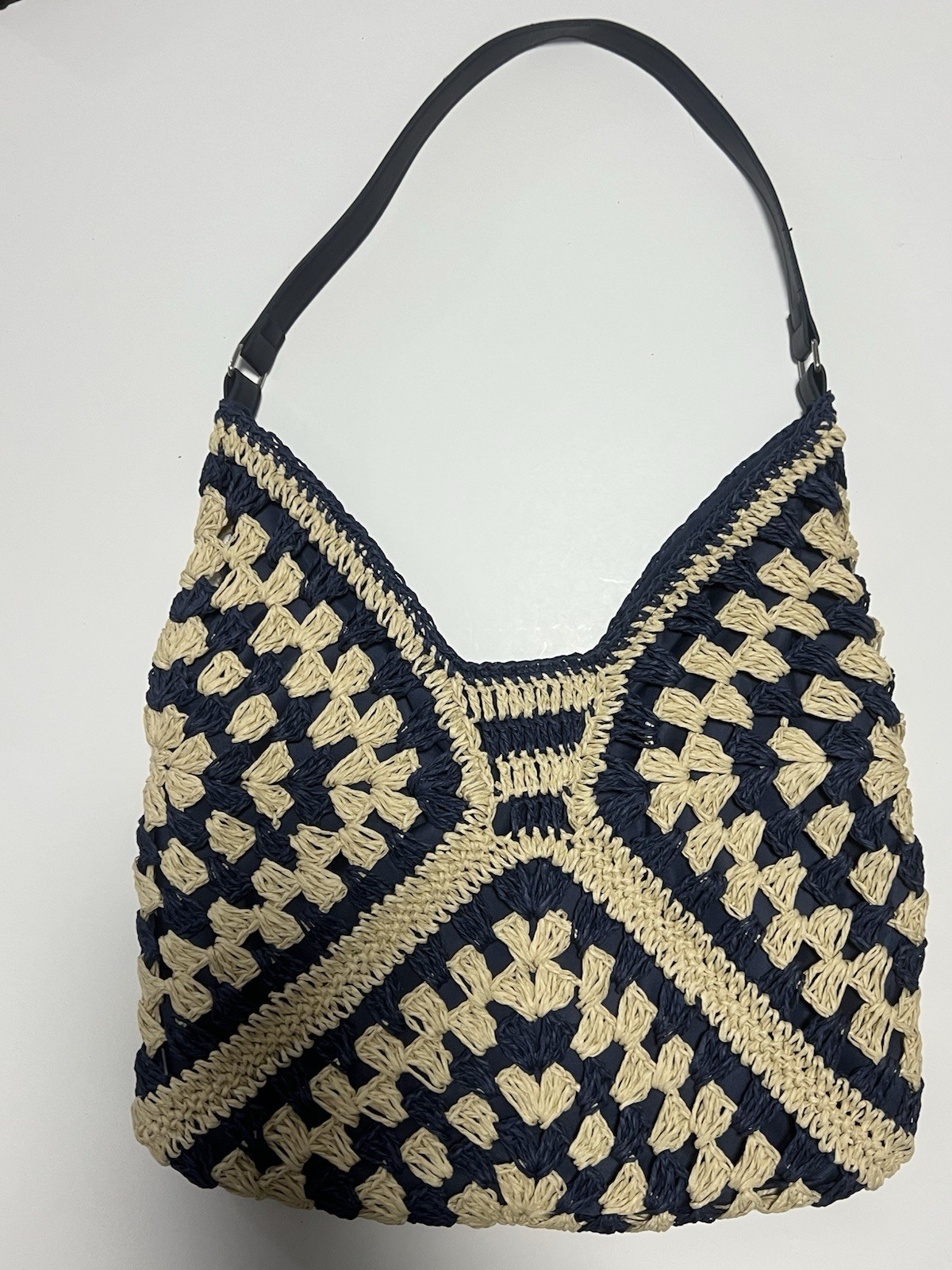 Women’s Navy/Beige Woven Shoulder Bag, Lined, Snap Closure, Gold Hardware