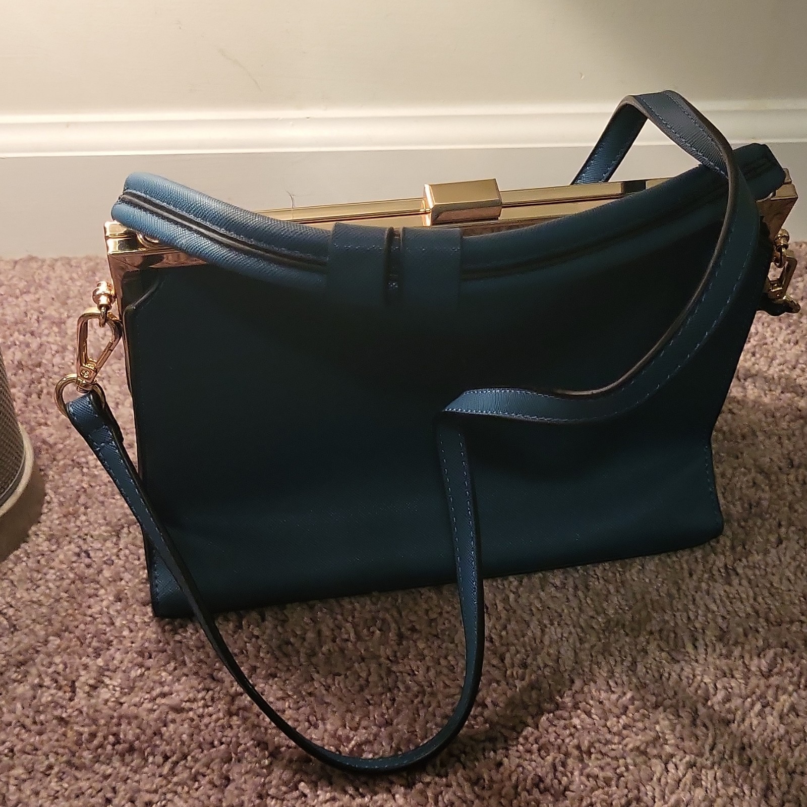 Dune London Blue Textured Satchel Gold Hardware Detachable Strap Top Handle