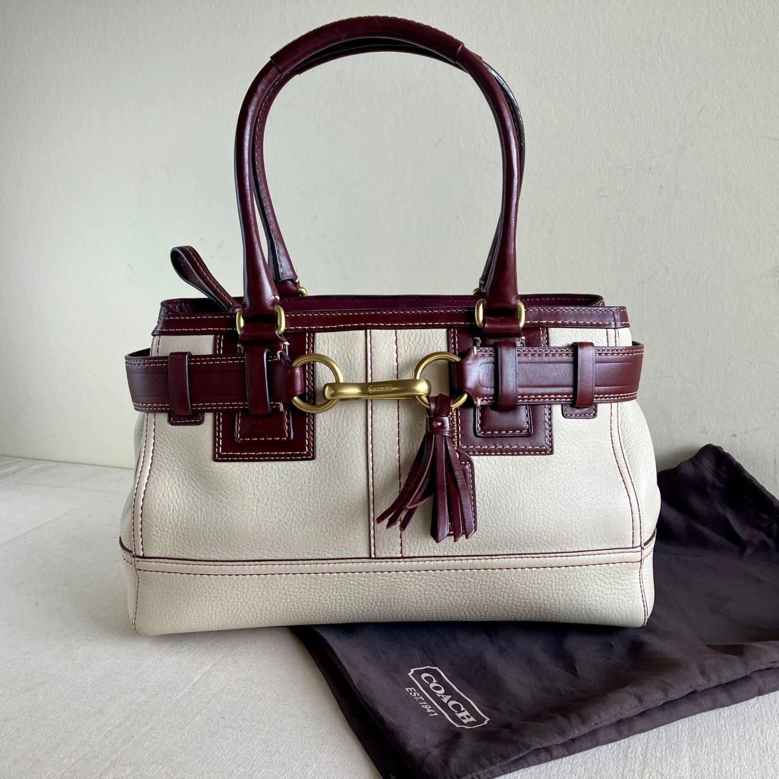 Coach Hampton Cream Burgundy Leather Tote Bag Y2K Authentic Vintage Carryall