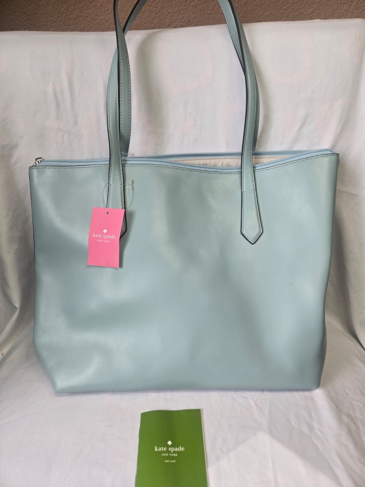 Kate Spade New York Large Light Blue Zip Tote Bag Bow Charm NWT Booklet
