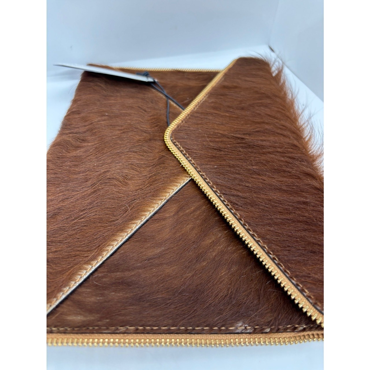NWT Rebecca Minkoff Envelope Leo Clutch Bag Calf Hair Sand Leather Zipper Trim