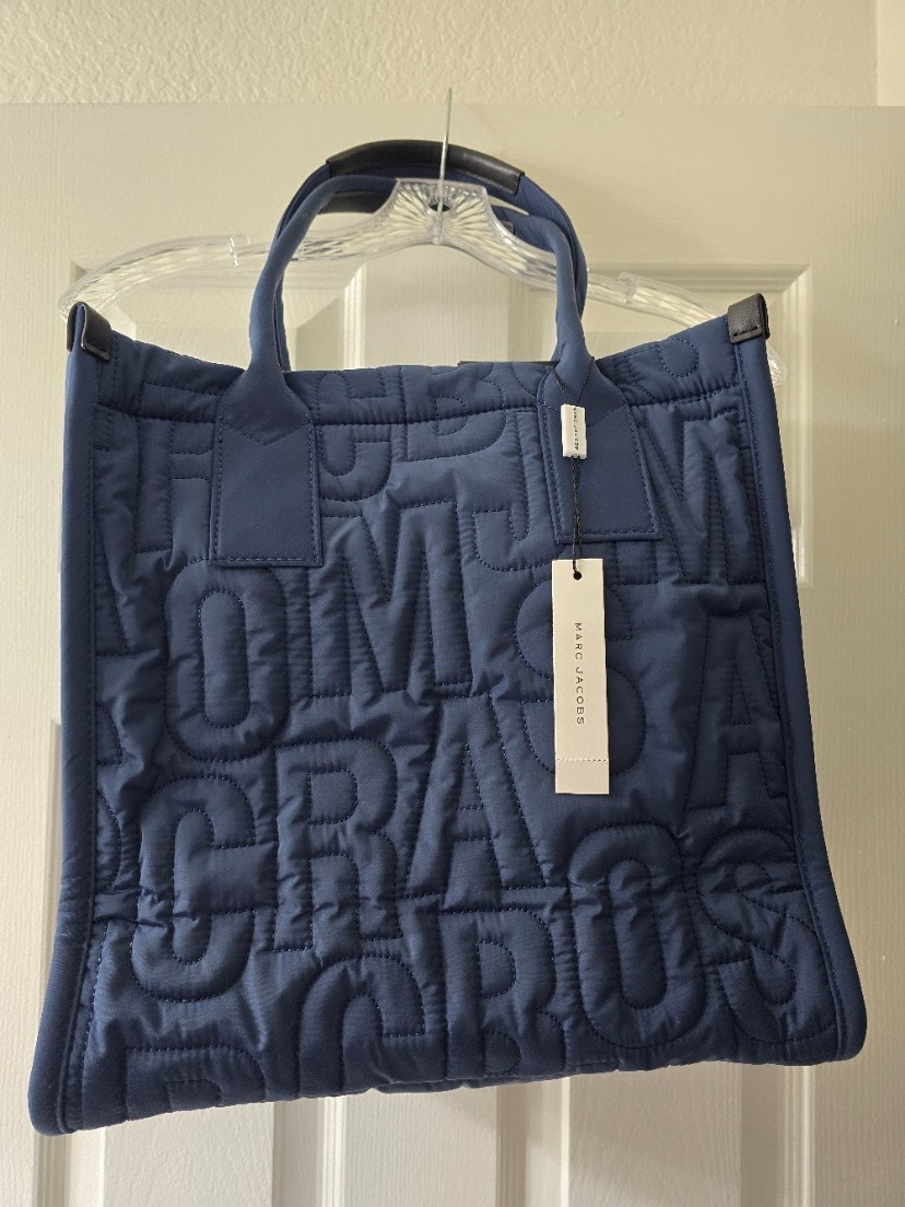 Marc Jacobs Nylon Large Logo Quilted Workwear Purse Bag Tote Azure Blue NWT