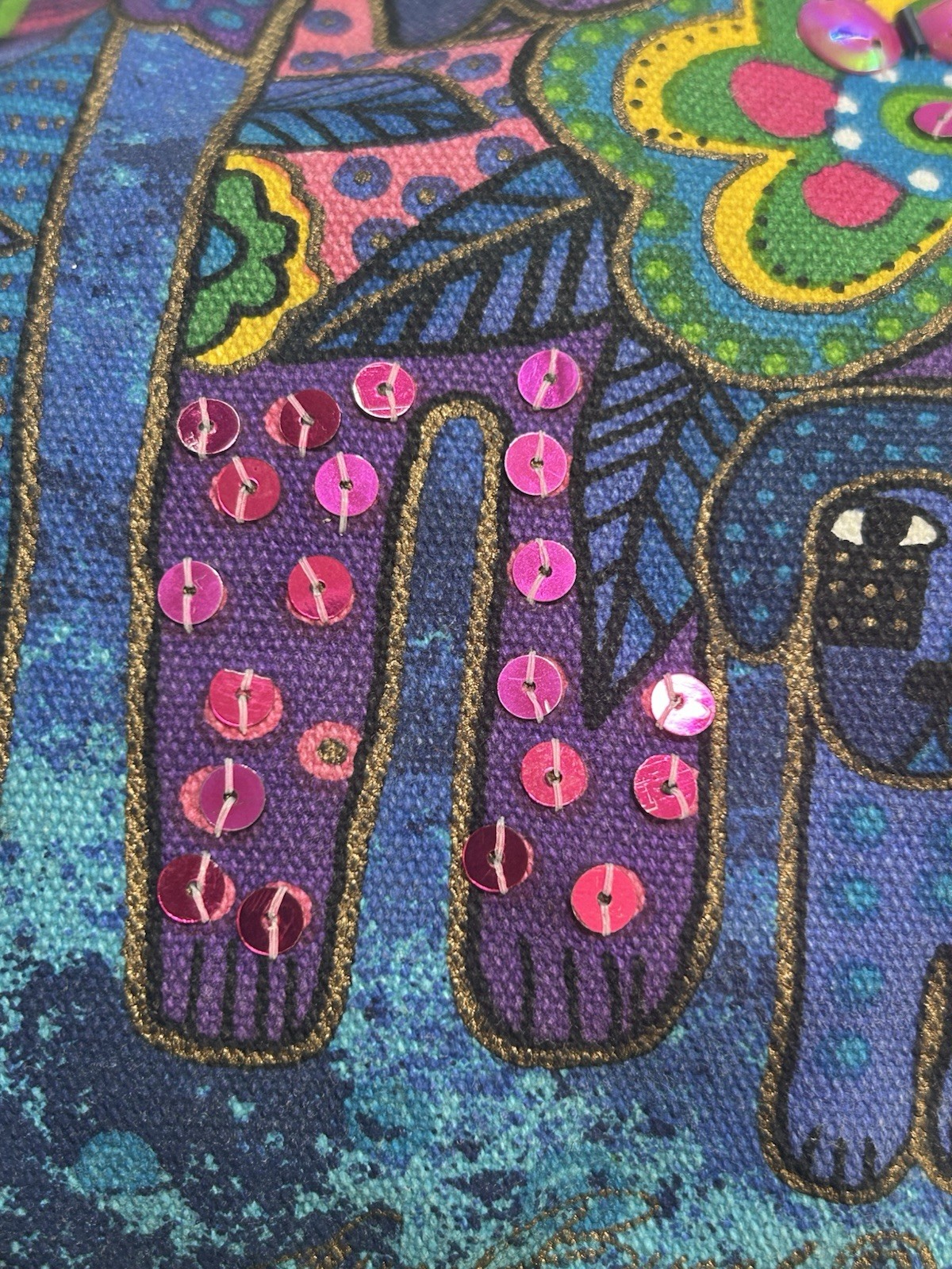 Laurel Burch Canvas Purse Tote Blue With Abstract Dogs Colorful Sequin Bag Charm