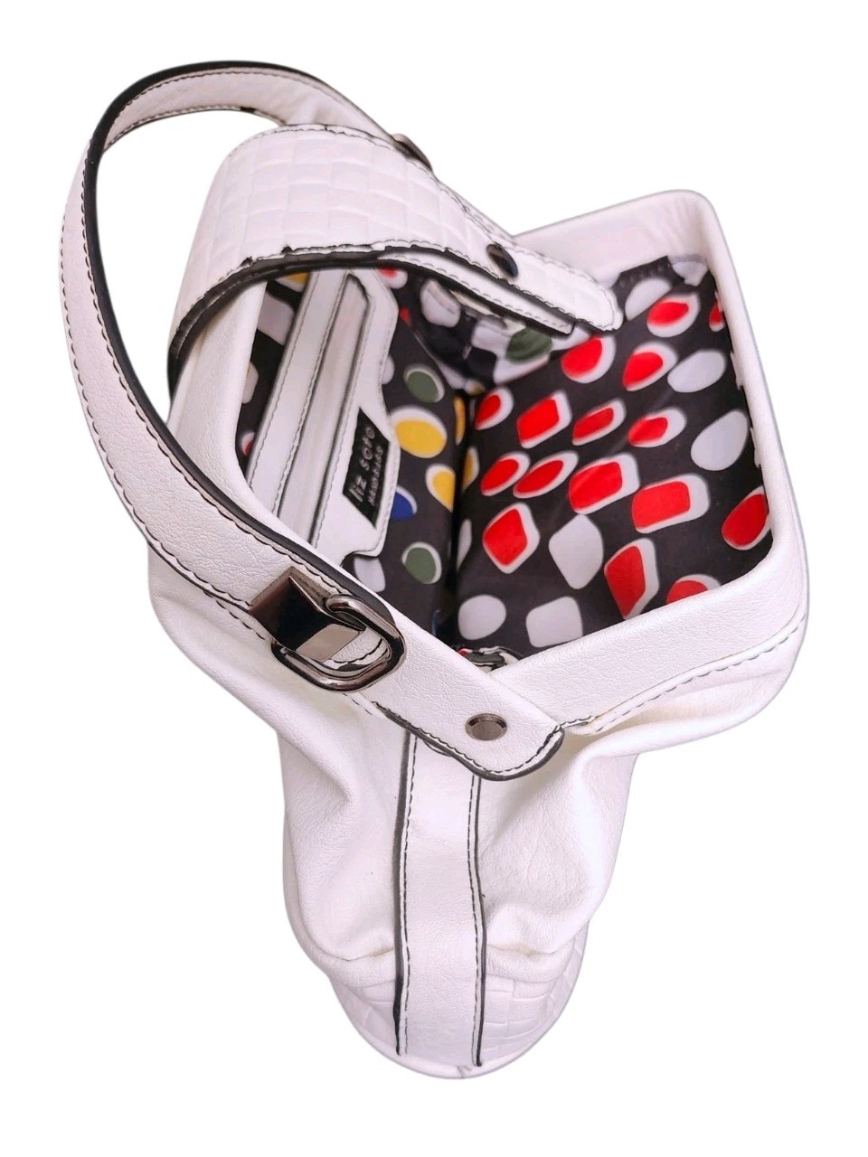 Liz Soto White Vegan Leather Crossbody Bag Retro Polka Dot Geometric Lining