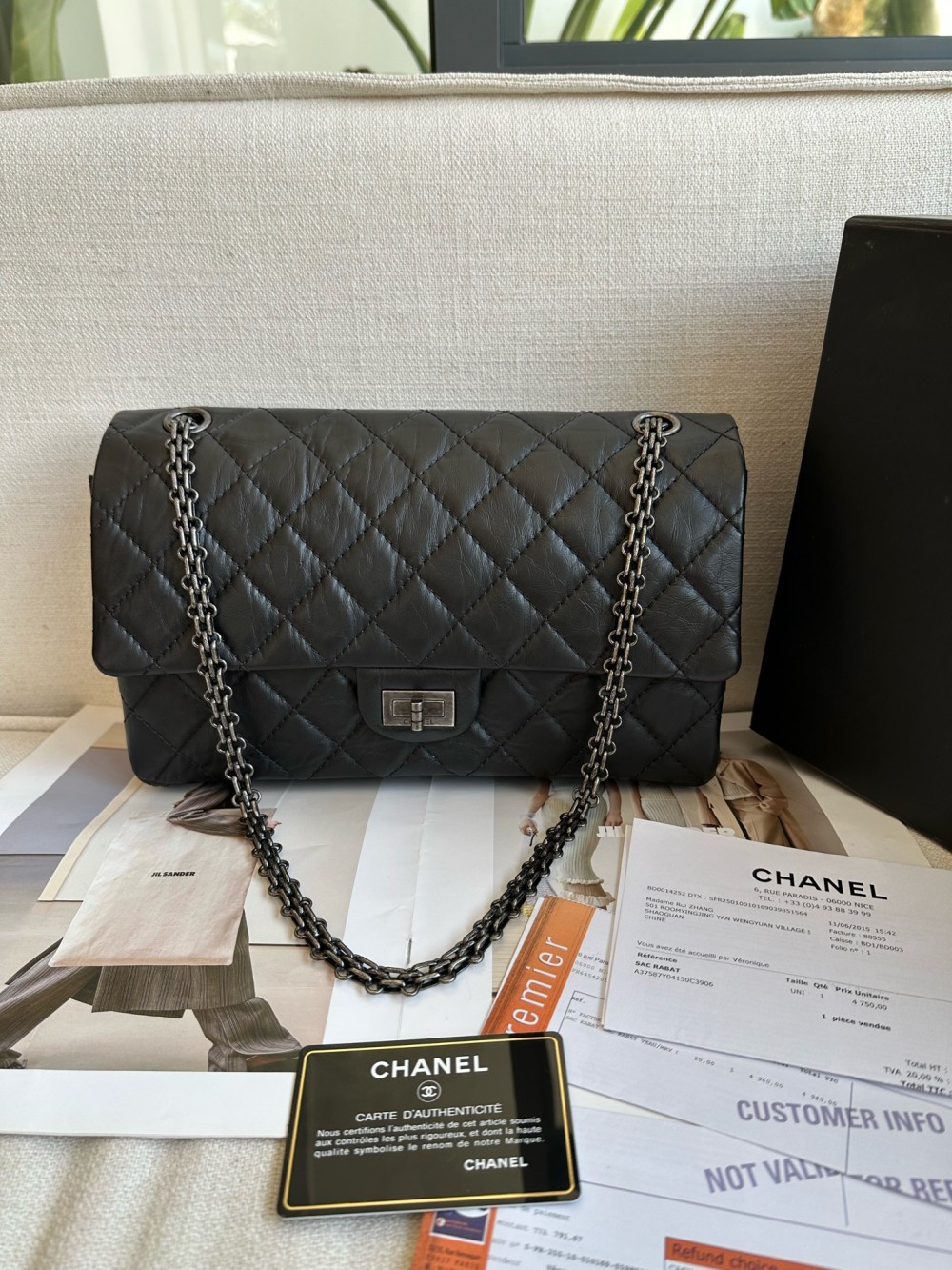 CHANEL 2.55 Reissue Aged Calfskin Silver Tone Metal Shoulder Bag Black Large