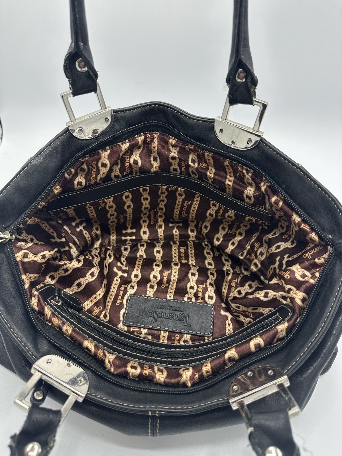 Tignanello Black Pebbled Leather Multi-Pocket Organizer Double Handle Bag Purse