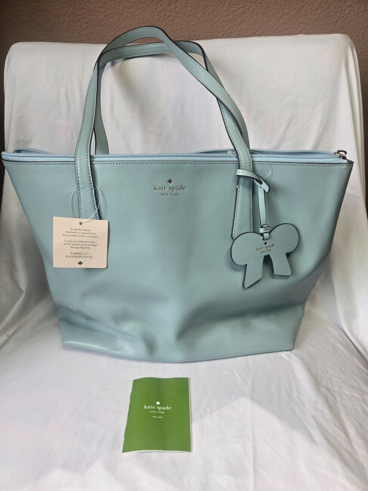 Kate Spade New York Large Light Blue Zip Tote Bag Bow Charm NWT Booklet