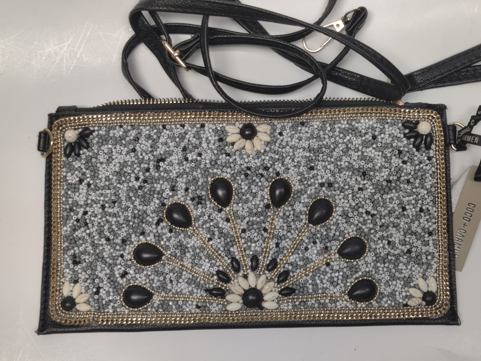 COCO + CARMEN White And Black Artisan Beaded Crossbody Clutch Bag