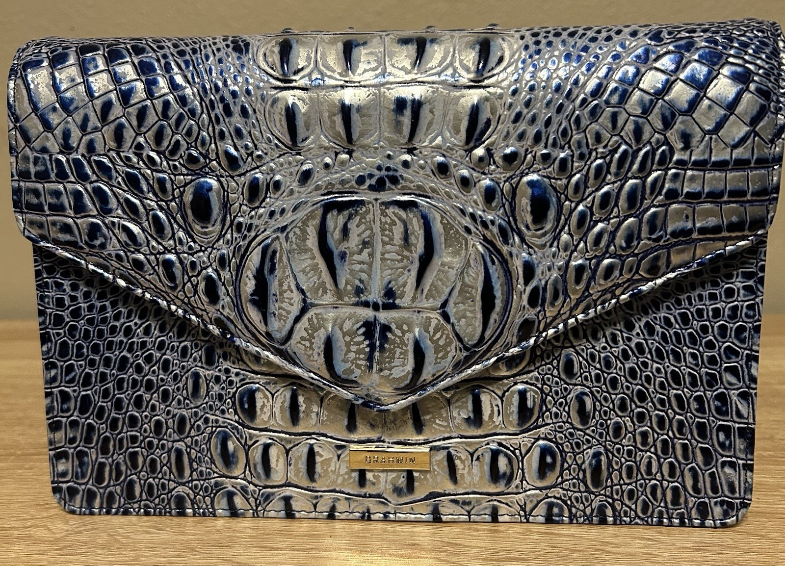 Brahmin Blue/Silver Croc Embossed Crossbody Bag Snap Closure Chain Strap, Small